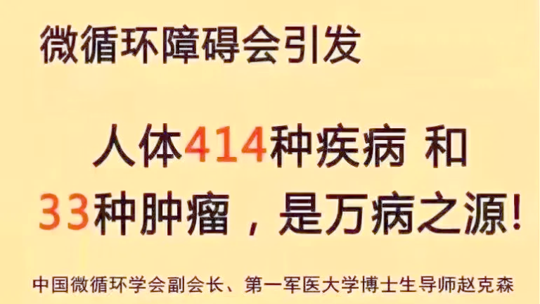 微循环障碍会引发人体414种疾病和33种恶性肿瘤，它是万病之源。